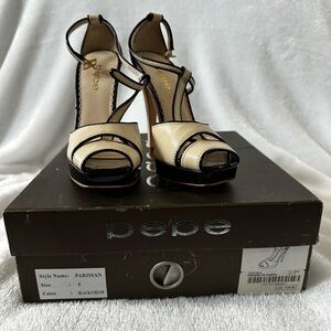 Bebe Black and Cream Stiletto Heels with Ankle Strap